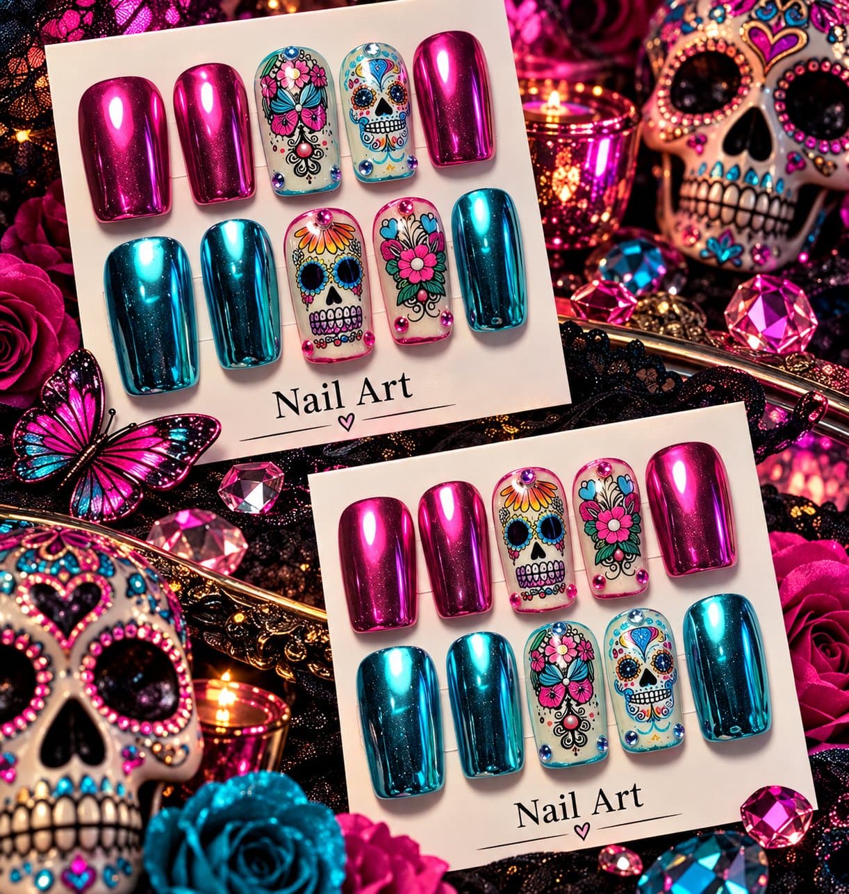 Sugar Skull Chrome press-on nail set